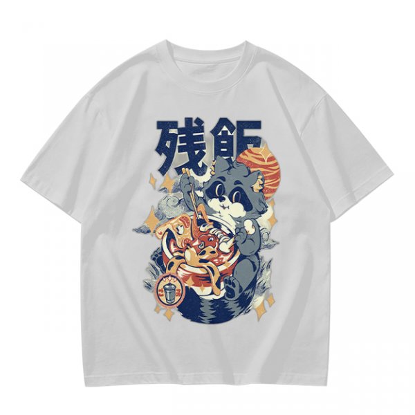 Olive green graphic t-shirt with raccoon eating ramen print