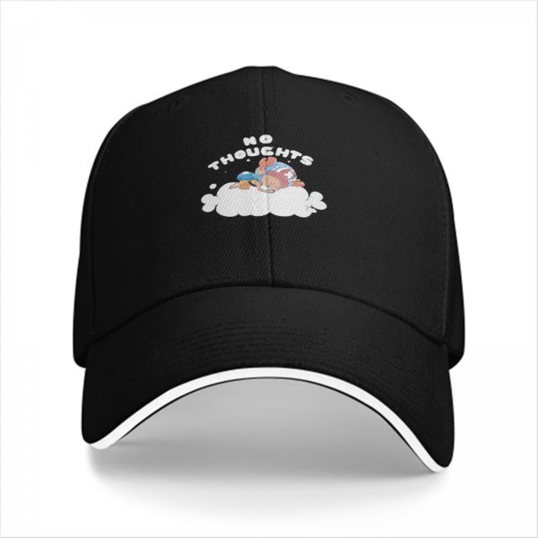 Black baseball cap with no thoughts sleeping character on cloud graphic