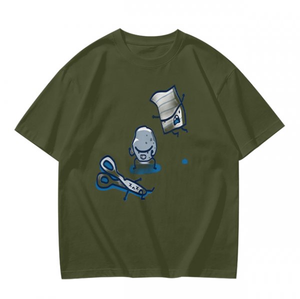 Olive T-Shirt With Rock Paper Scissors Cartoon Characters