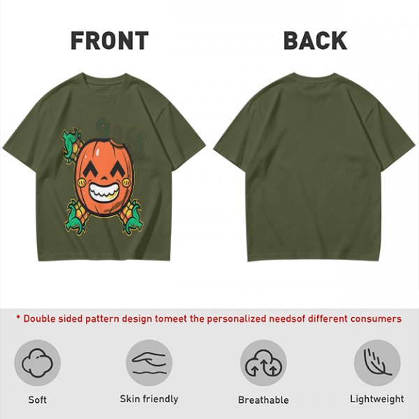 Olive T-Shirt with Smiling Pumpkin Corn Crossbones Graphic
