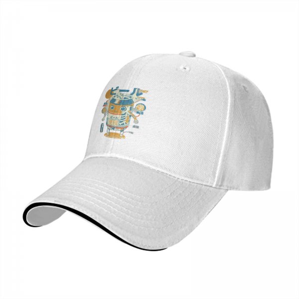 Black baseball cap with cartoon beer can robot graphic