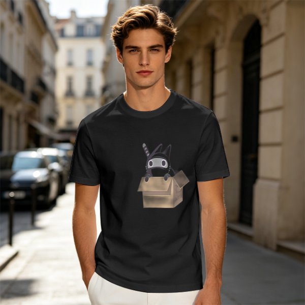 Olive Green T-Shirt With Ninja Cat In Cardboard Box Graphic