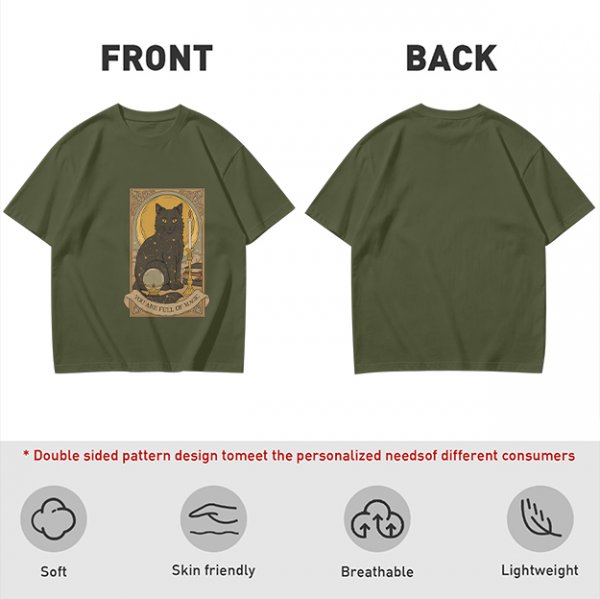 Olive T-Shirt With Black Cat Tarot Card Art That Says You Are Full Of Magic