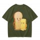 Olive T-Shirt With Cute Cartoon Bread And Butter Graphic