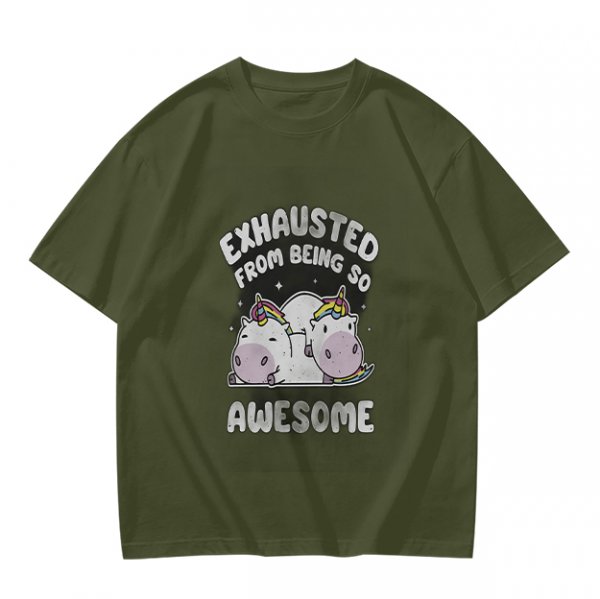 Olive t-shirt with exhausted unicorn hippo graphic and funny text