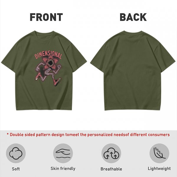 Olive green t-shirt with dimensional demogorgon graphic print