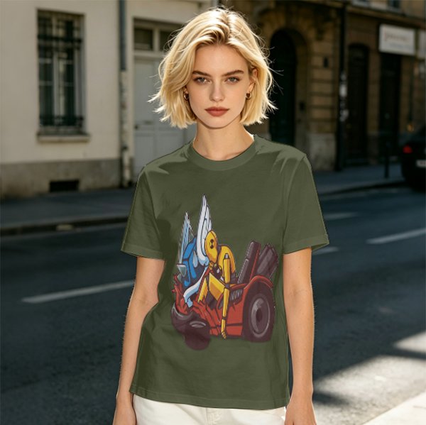 Olive T-Shirt With Cartoon Robot And Winged Vehicle Graphic