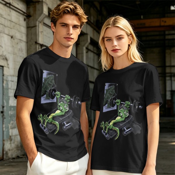 Olive T-shirt with cartoon lizard bench pressing weights in gym mirror