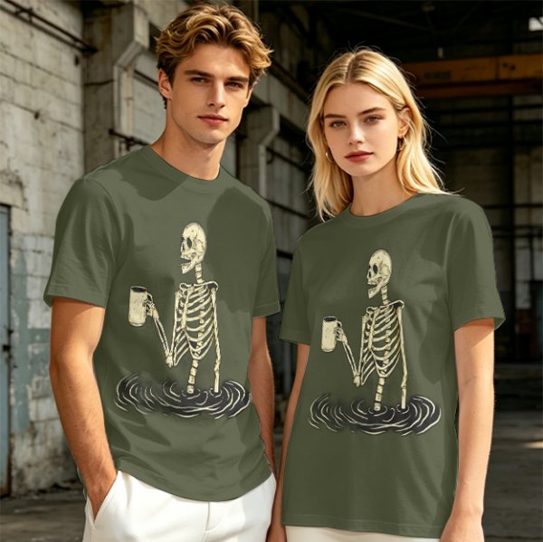Olive Skeleton Holding Coffee Mug In Water Graphic T-Shirt