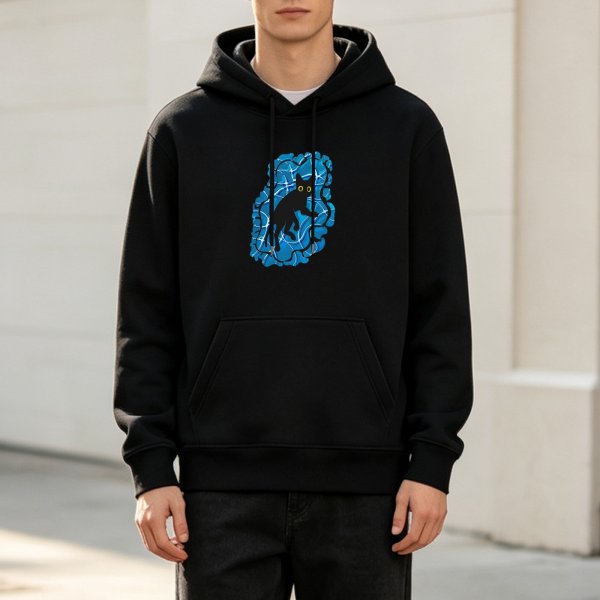 Black Hoodie With Peering Black Cat On Blue Swirl Graphic