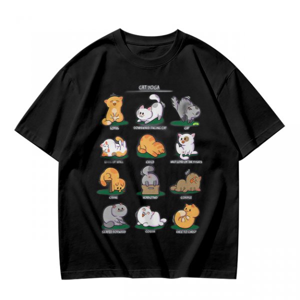 Olive Green T-Shirt With Cute Cat Yoga Pose Illustrations