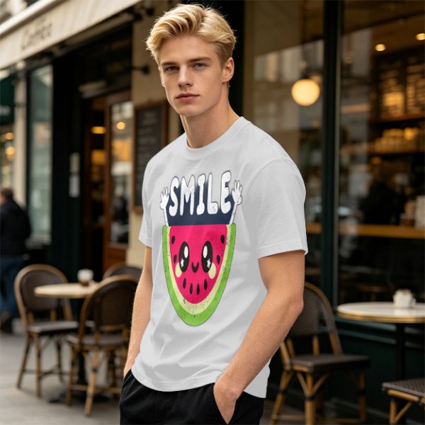 Olive T-Shirt With Cute Watermelon Graphic And Smile Text