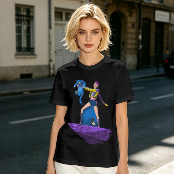 Olive T-shirt with Art Print of Girl Holding Blue Creature on Floating Rock