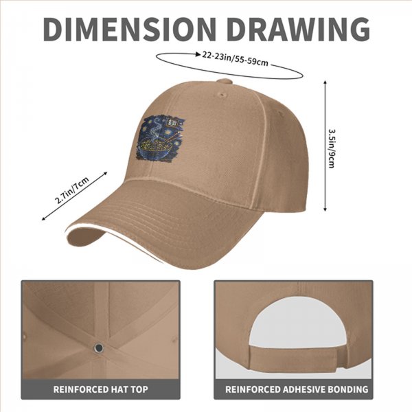 Black baseball cap with starry night ramen bowl graphic
