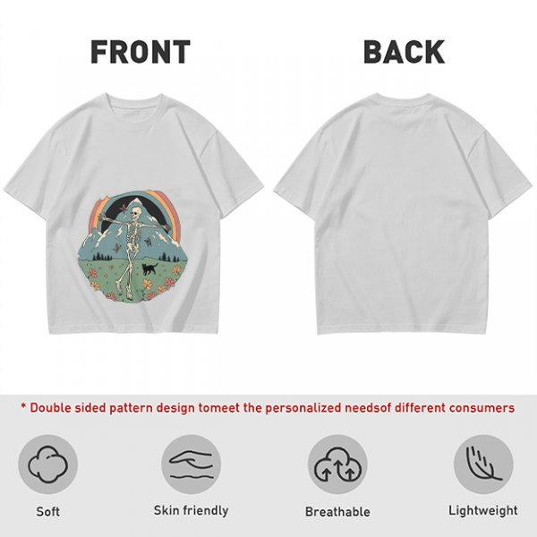 Olive T-shirt with Dancing Skeleton Mountain Rainbow Cat Graphic