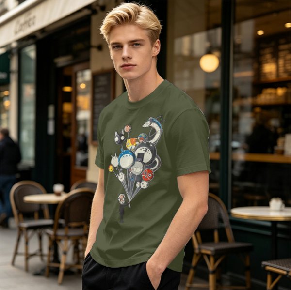 Olive T-Shirt With Studio Ghibli Character Balloon Print
