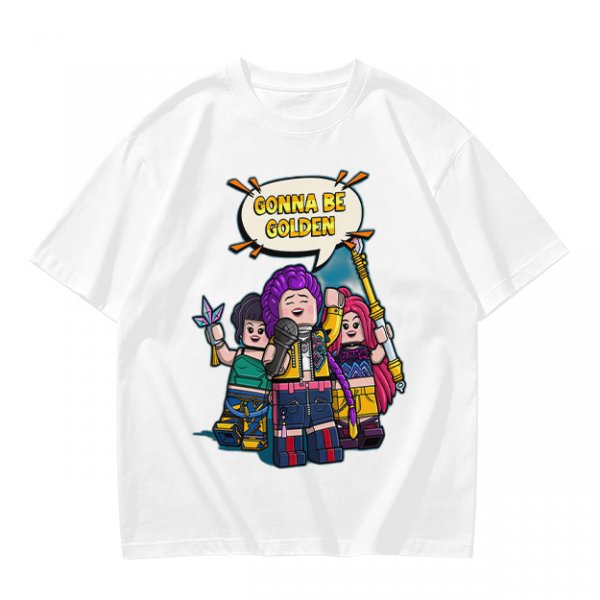 Olive T-shirt with Lego-style characters and 'Gonna Be Golden' print
