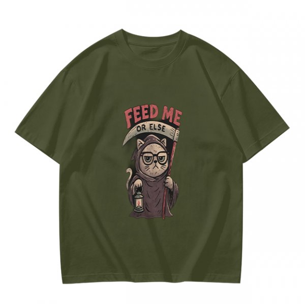 Olive T-shirt with Grim Reaper Cat 'Feed Me Or Else' Print