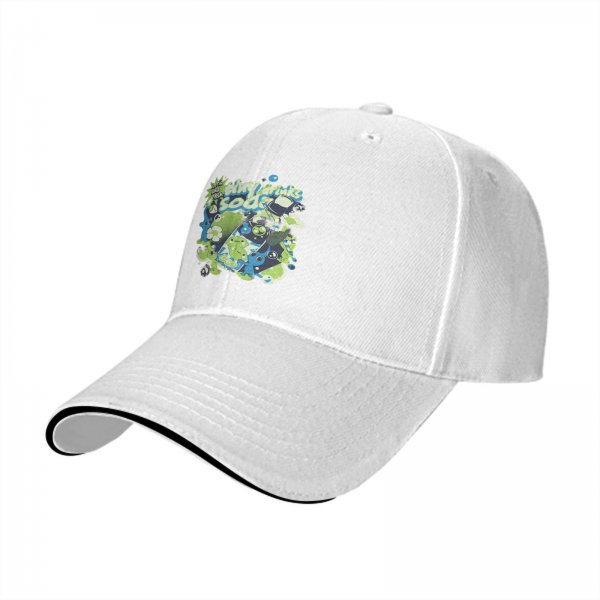 Black baseball cap with tiny drinks soda and alien graphic print