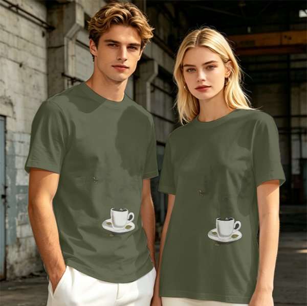 Olive Green T-Shirt with Steaming Coffee Cup Print