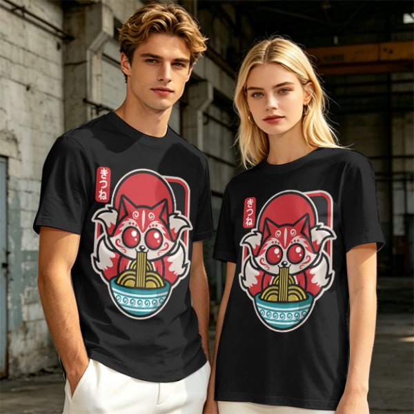 Olive t-shirt with cute kitsune fox eating ramen graphic