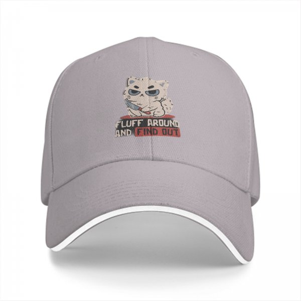 Black baseball cap with grumpy fluffy cat holding knife and 'Fluff Around And Find Out' text