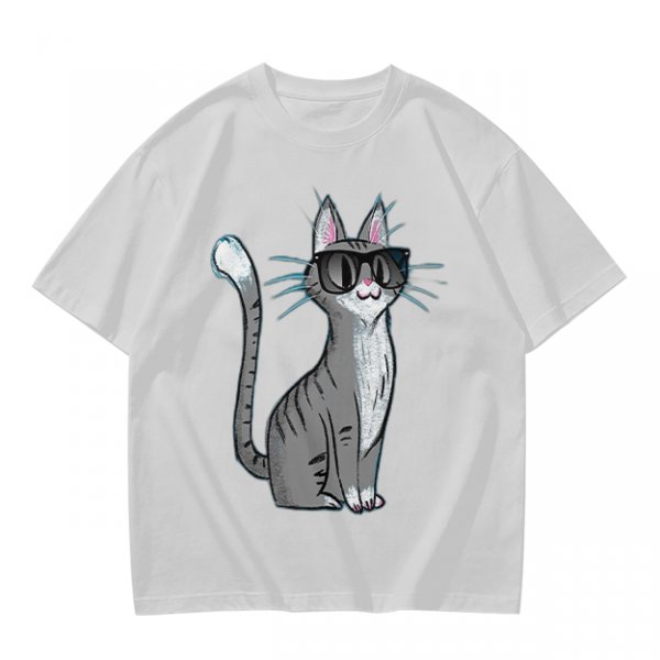Olive T-Shirt With Cool Gray Cat Wearing Sunglasses Print