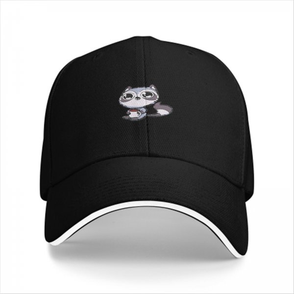 Black baseball cap with cute raccoon holding a coffee cup graphic