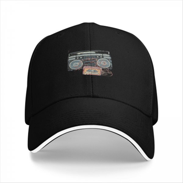 Black Baseball Cap with Retro Boombox and Cassette Print