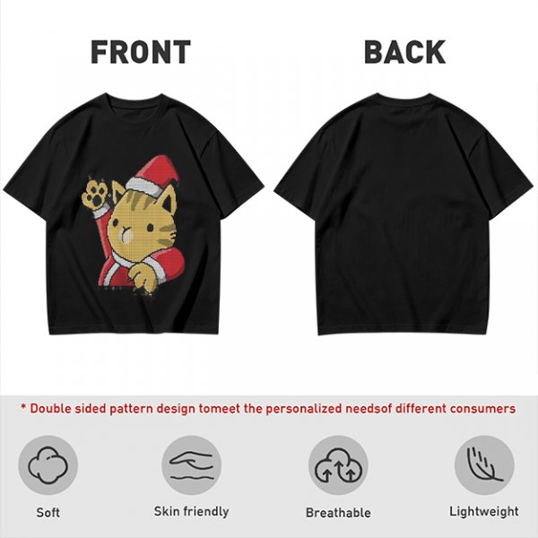 Olive Green T-Shirt With Waving Christmas Cat Graphic