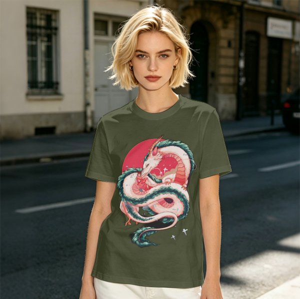 Olive T-shirt with stylized white dragon and red circular graphic print