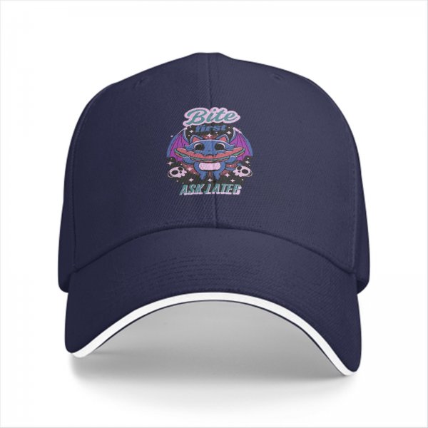 Black baseball cap with cute bat graphic and 'Bite First Ask Later' text