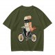 Olive T-Shirt With Sushi Ninja Riding Bicycle Print