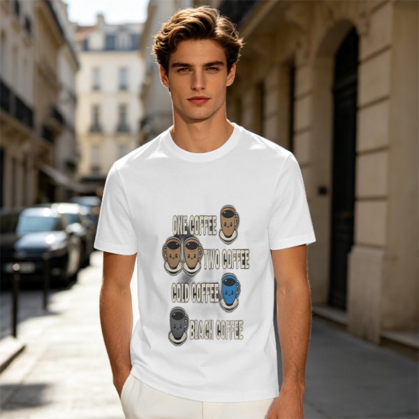 Olive green graphic tee with coffee cup illustrations and playful coffee text
