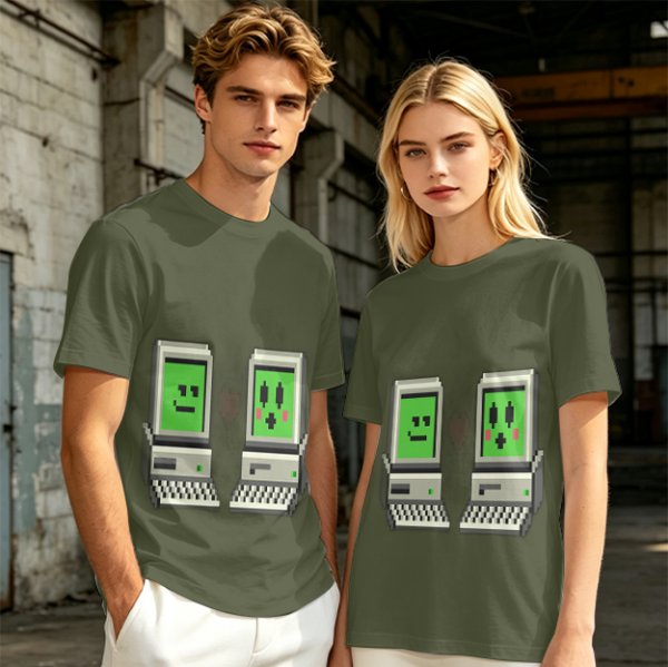 Olive T-shirt with pixel art retro computer characters print