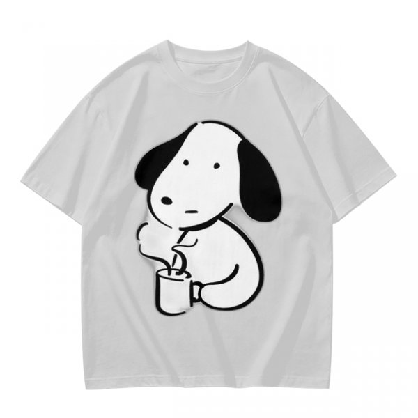 Olive Green T-Shirt With Cartoon Dog Holding Hot Drink Graphic