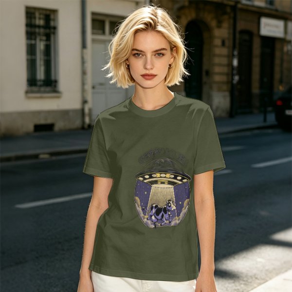 Olive Green T-Shirt with UFO Abducting Cow Graphic