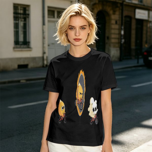 Olive T-Shirt With Cartoon Characters Riding Bikes Through Portal
