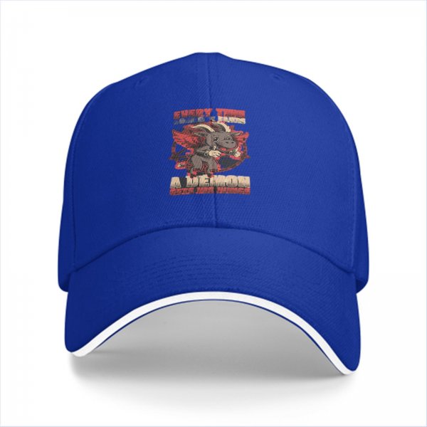 Black baseball cap with cute demon goat graphic and text