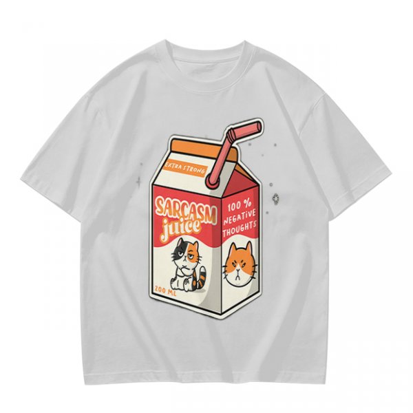 Olive green t-shirt with sarcasm juice carton and grumpy cat print