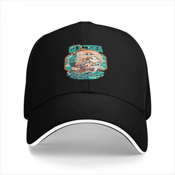 Black Baseball Cap with Blue Sea Pirate Ship Graphic Print