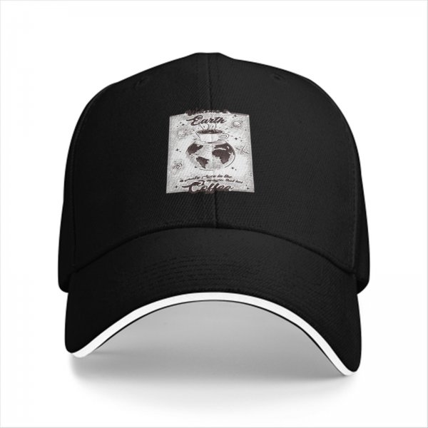 Black baseball cap with earth and coffee themed graphic print