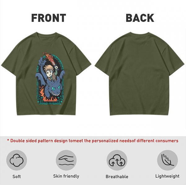 Olive T-shirt with How to Train Your Dragon Toothless and Hiccup Print