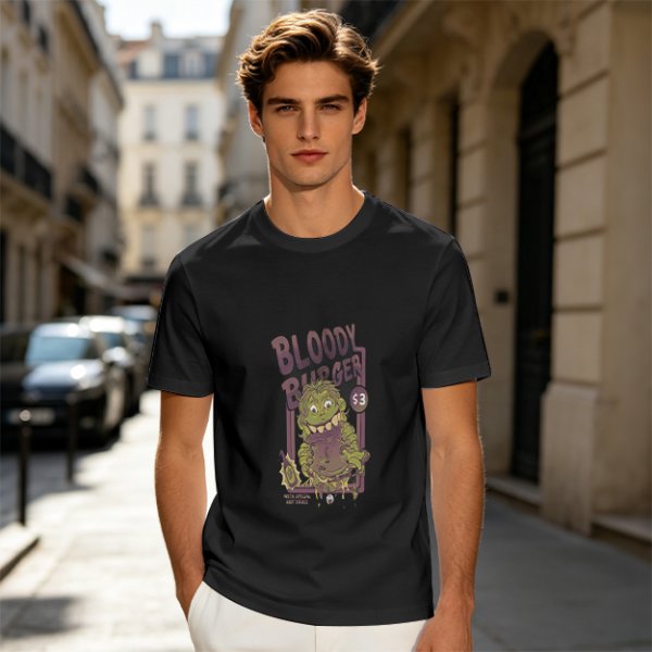 Olive Graphic T-Shirt With Bloody Burger Monster Print