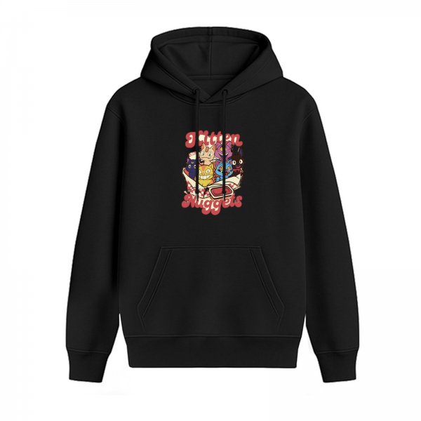 Black hoodie with playful kitten nuggets graphic print