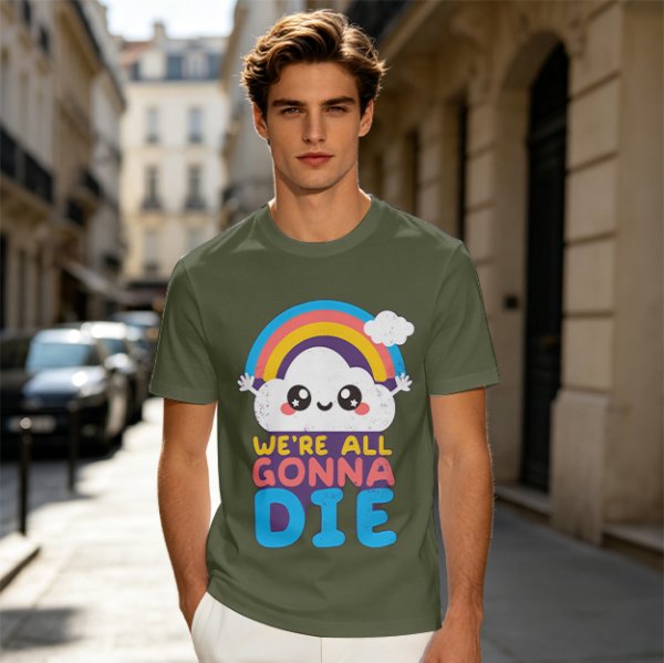 Olive T-Shirt With Cute Cloud Rainbow Graphic And 'We're All Gonna Die' Text