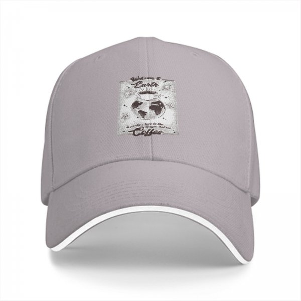 Black baseball cap with earth and coffee themed graphic print