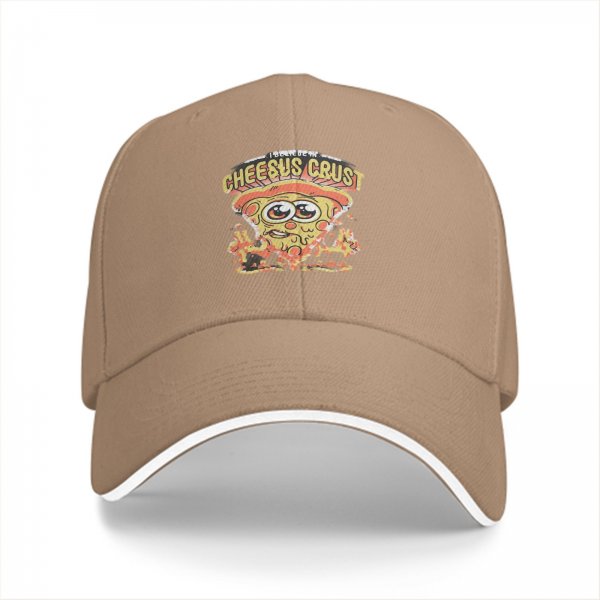 Black baseball cap with Cheesus Crust pizza slice graphic