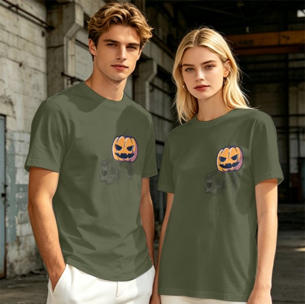 Olive Green T-Shirt with Halloween Jack-o'-Lantern and Skull Print