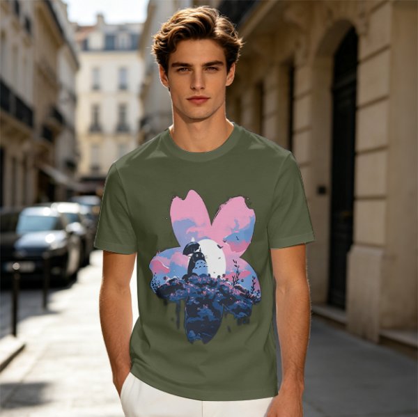 Olive T-Shirt with Sakura Flower and Whimsical Forest Creature Print